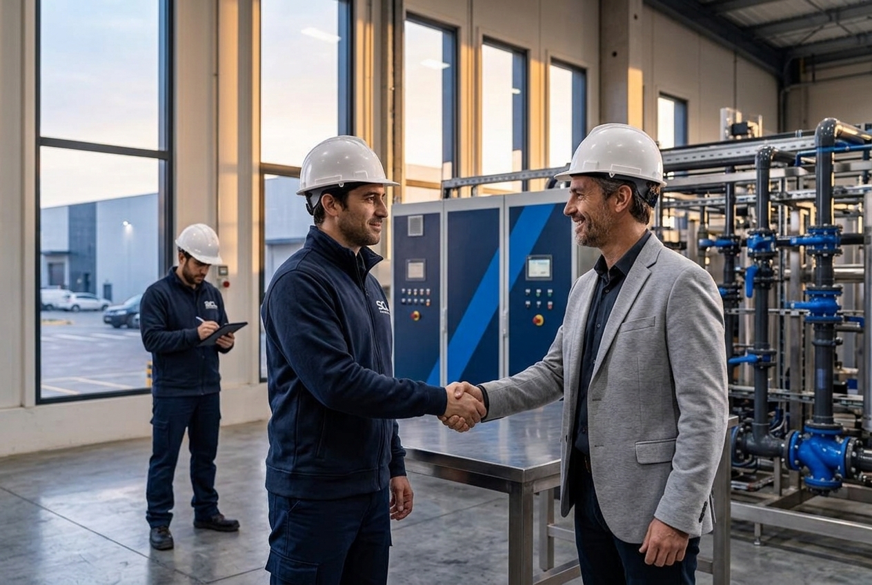 Ingenieros de SCL Soluciones Industriales atendiendo a un cliente dentro de una planta industrial