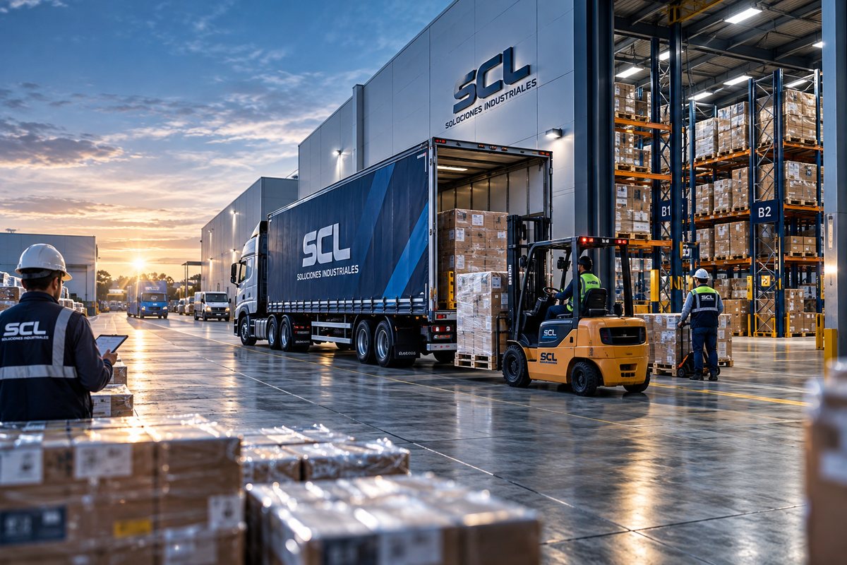 Almacén y patio logístico de SCL Soluciones Industriales con montacargas y tractocamión